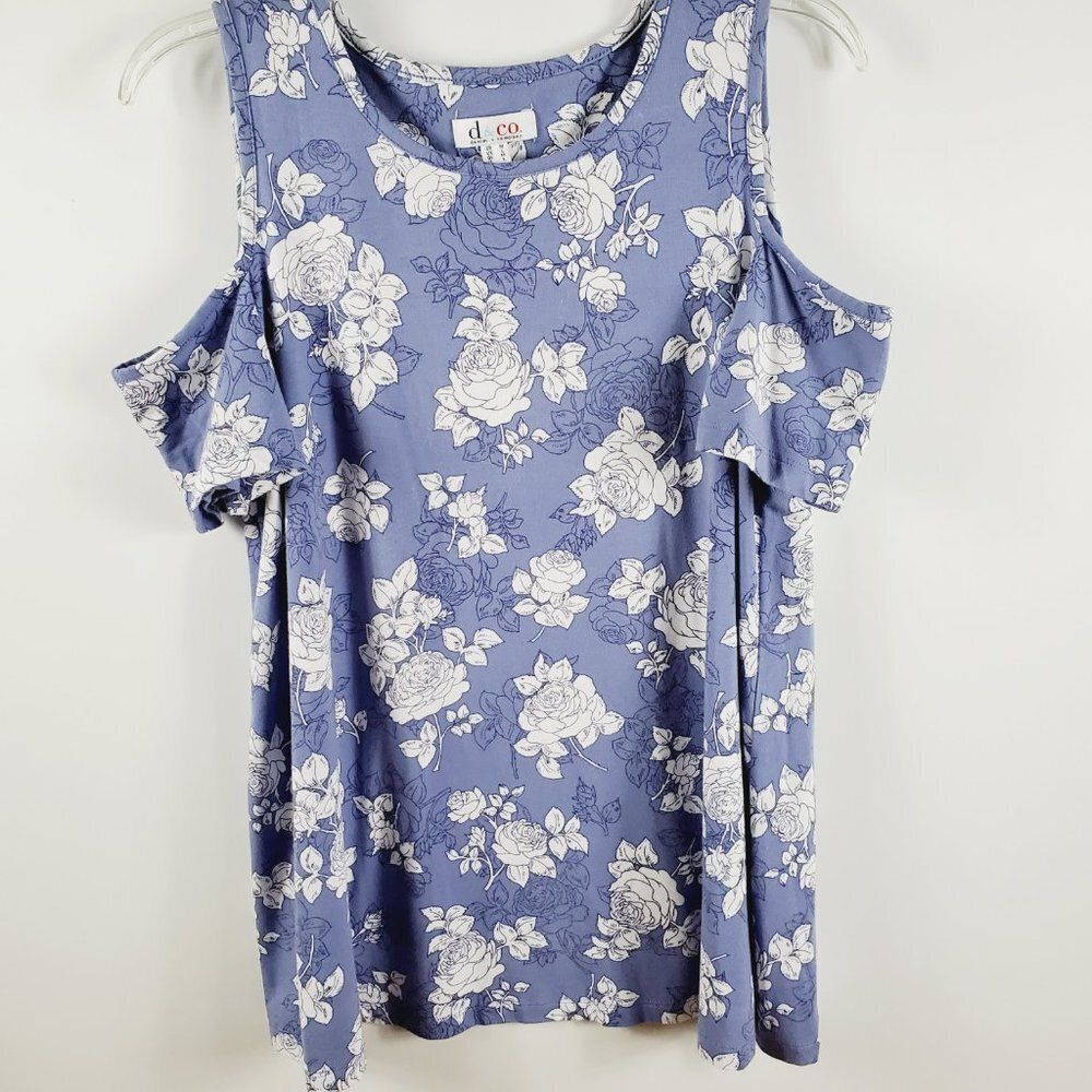 Light Blue & White Floral Short Sleeved Cold Shoulder Top Sz M - NWOT
